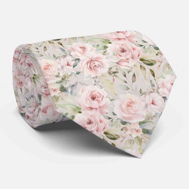 Blush Watercolor Rose Floral Pattern Tie (Rolled)