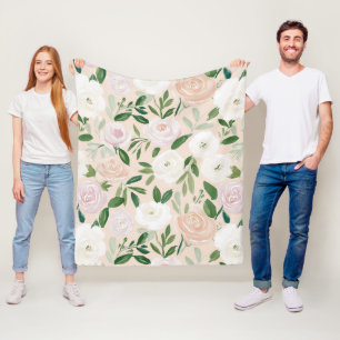 Blush Watercolor Roses and Botanical Greenery Fleece Blanket