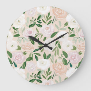 Blush Watercolor Roses and Botanical Greenery Large Clock
