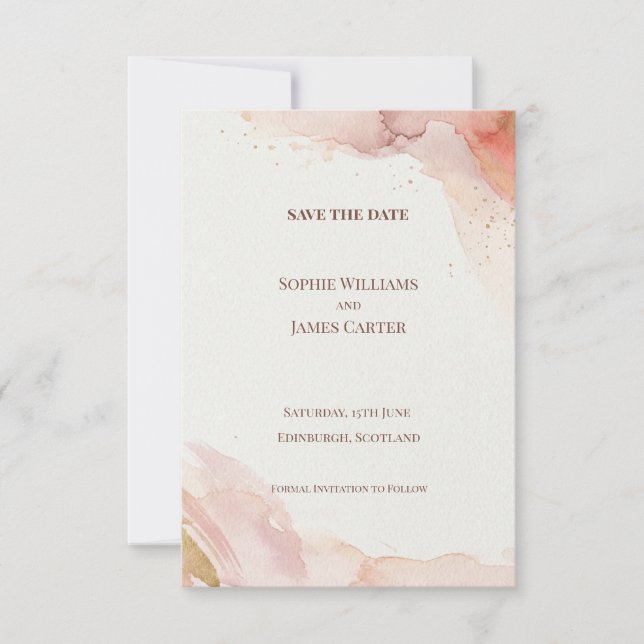 Blush Watercolor Save The Date Card (Front)