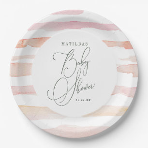 Blush watercolor stripe Baby shower Paper Plate