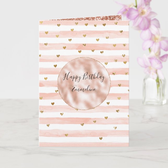 Blush Watercolor Stripes Gold Glitter Hearts     Card (Orchid)