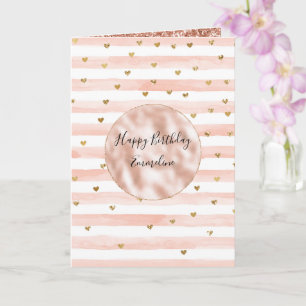 Blush Watercolor Stripes Gold Glitter Hearts     Card