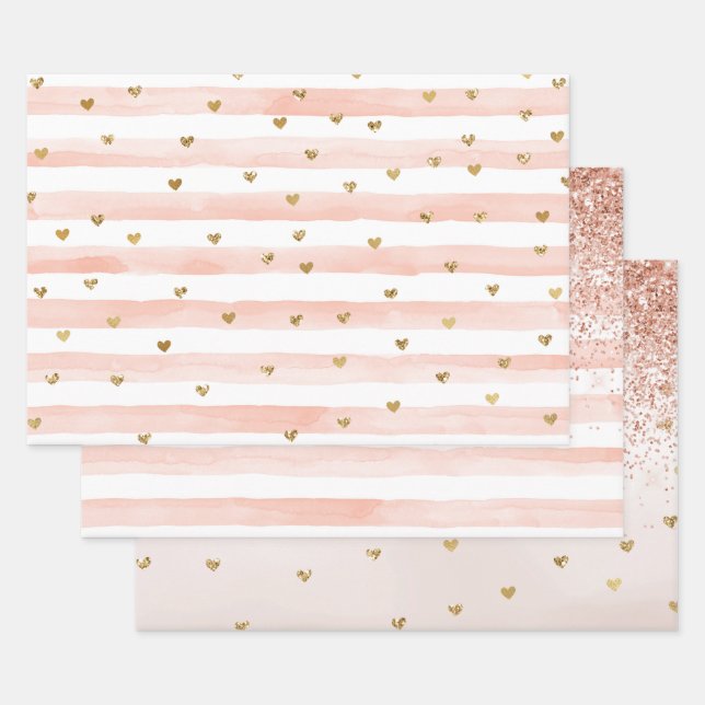 Blush Watercolor Stripes Gold Glitter Hearts     Wrapping Paper Sheet (Set)