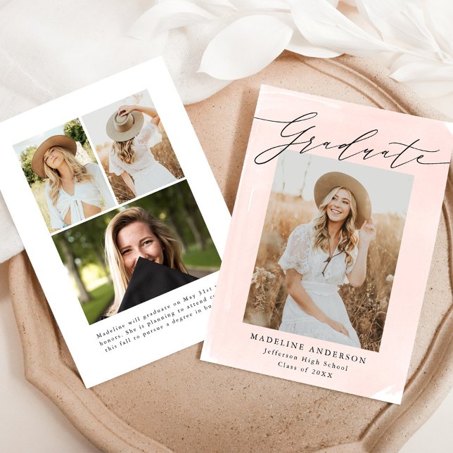 Blush Watercolor Wash 4 Photo Graduation Announcement (Creator Uploaded)