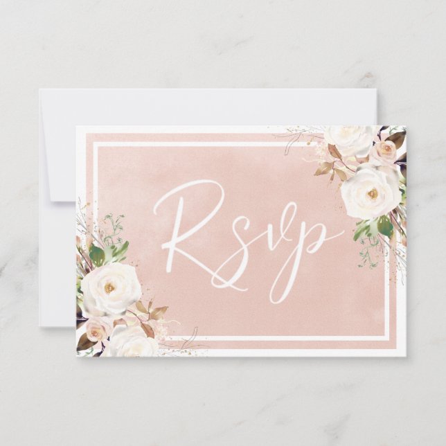 Blush Watercolor White Flowers Beautiful Wedding RSVP Card (Front)
