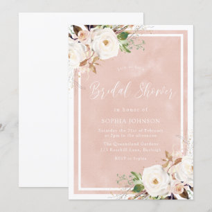 Blush Watercolor White Flowers Bridal Shower Invitation