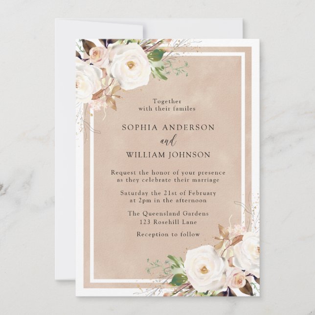 Blush Watercolor White Flowers Wedding Invitation (Front)