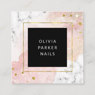 Blush Watercolor   White Marble and Faux Gold Square Business Card