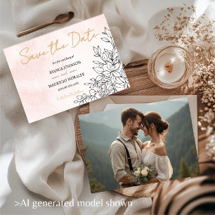 Blush Watercolor with Elegant Black Botanical Art Save The Date