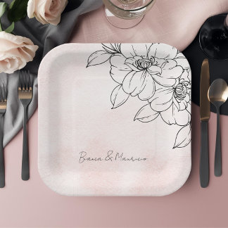 Blush Watercolor with Elegant Black Floral Detail Paper Plate