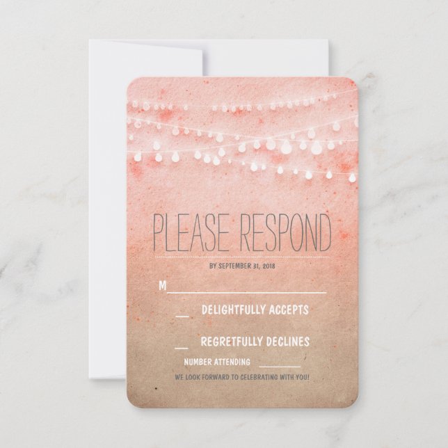 Blush watercolors string of lights wedding RSVP (Front)