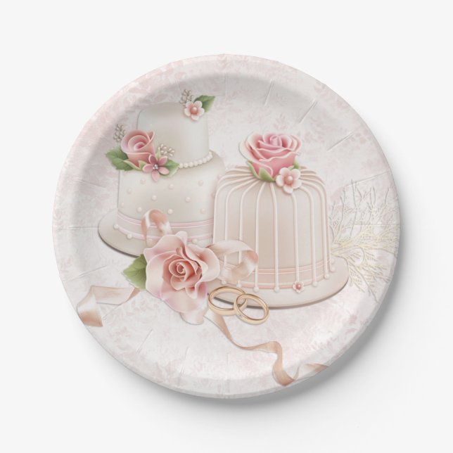 Blush Wedding Cakes with Roses Paper Plate (Front)