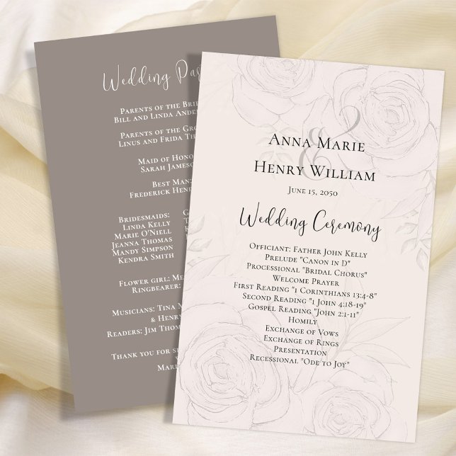 Blush Wedding Program Elegant Floral (Elegant calligraphy script Wedding double-sided program. )