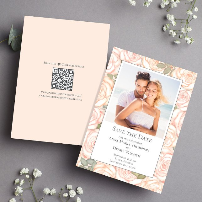 Blush Wedding Save the Date Floral Photo (Blush floral wedding save the date photo cards. With  a scannable QR code template.)