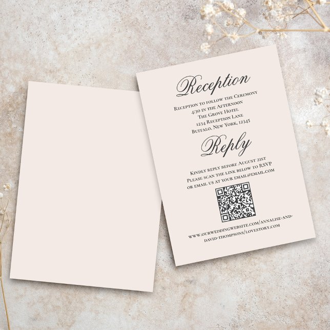 Blush Wedding Script RSVP Reception  Enclosure Card (Blush wedding reception and reply card with a scannable QR code.)
