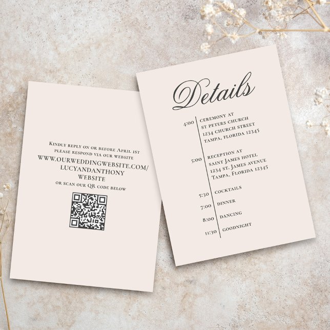 Blush Wedding Timeline Details Simple RSVP Enclosure Card (Blush simple wedding timeline details card with classic QR code template.)