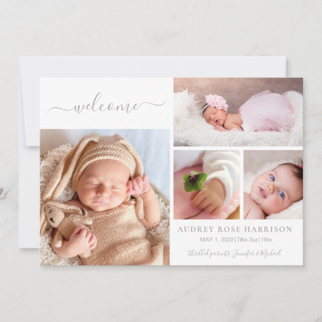 Blush Welcome Baby Girl Photo Collage Birth  Announcement (Front)
