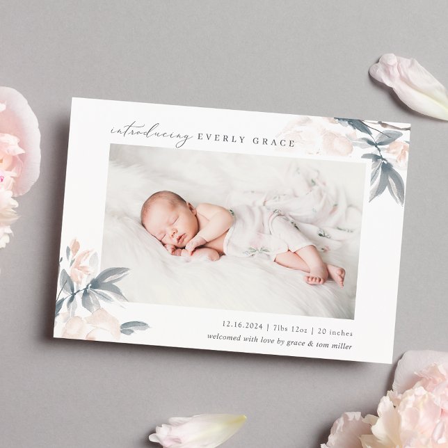 Blush Whisper Floral Photo Birth Announcement (Creator Uploaded)