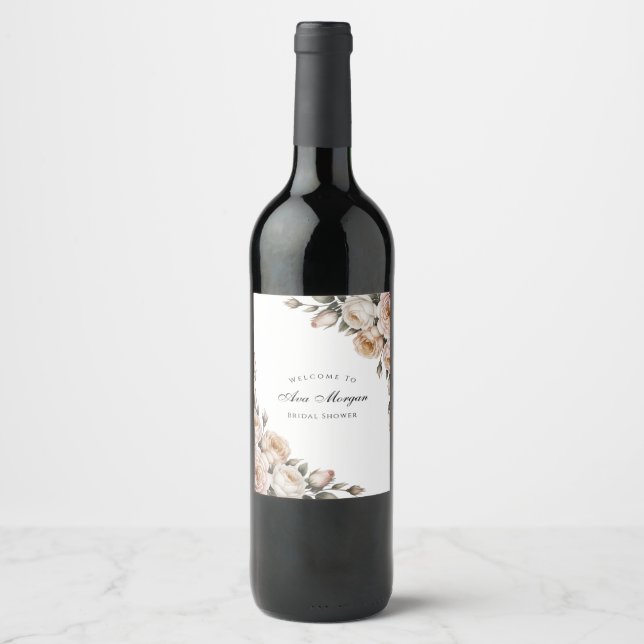 Blush White and Gold Floral Wedding Wine Label (Front)