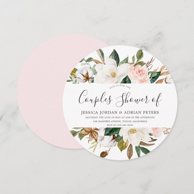 Blush & White Beautiful Flowers Couples shower Invitation (Front/Back)