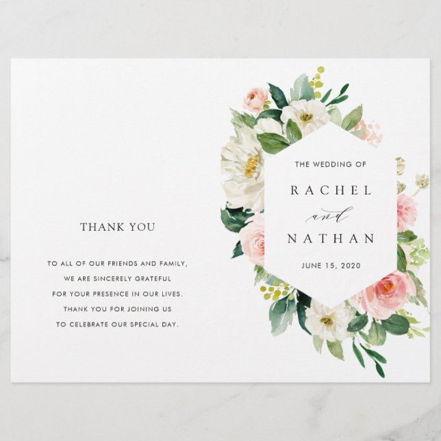Blush White Bloom Floral Folded Wedding Program (Front)