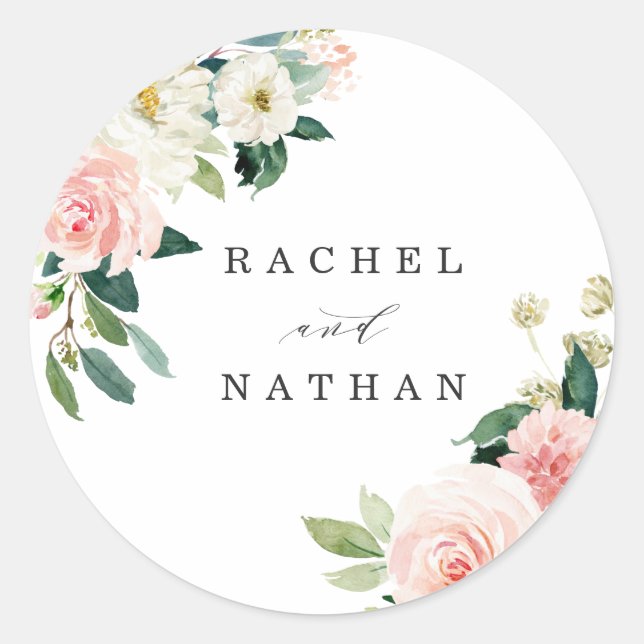 Blush White Bloom Floral Personalised Classic Round Sticker (Front)