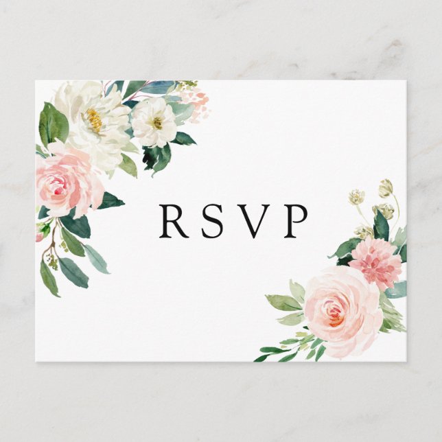 Blush White Bloom Floral Wedding RSVP Invitation Postcard (Front)