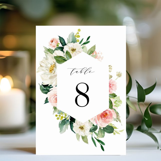 Blush White Bloom Floral Wedding Table Number (Creator Uploaded)
