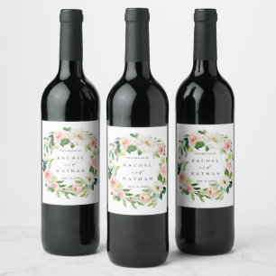 Blush White Bloom Floral Wreath Wine Label