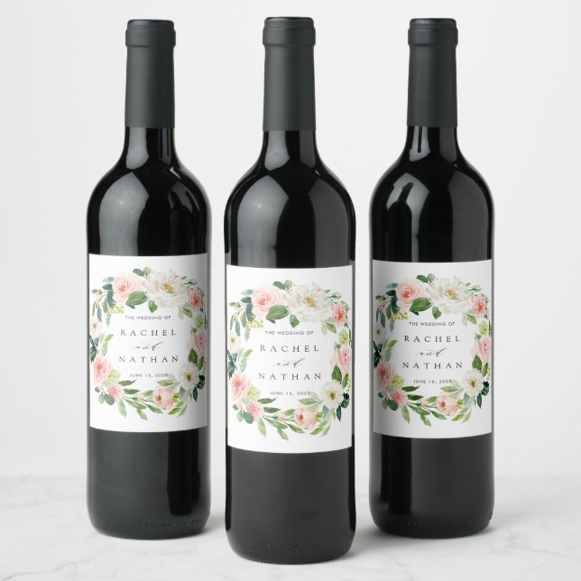 Blush White Bloom Floral Wreath Wine Label (Bottles)
