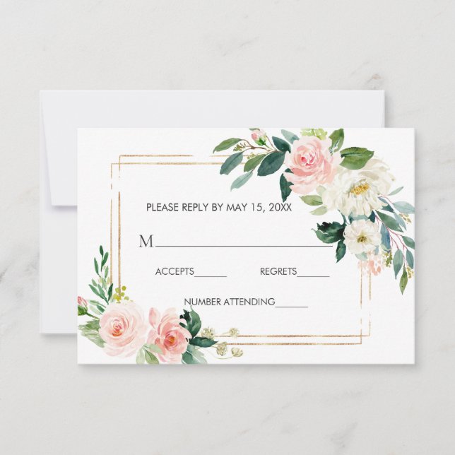 Blush White Bloom Gold Frame Floral Wedding RSVP (Front)