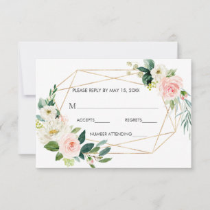 Blush White Bloom Gold Frame Floral Wedding RSVP Card
