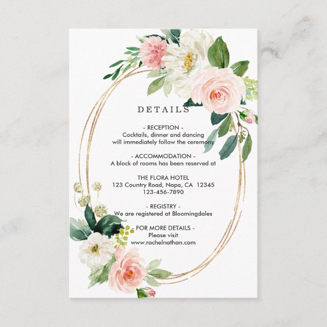 Blush White Bloom Gold Frame Wedding Details Enclosure Card (Front)