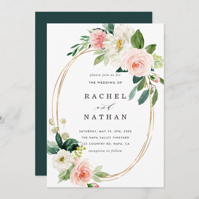 Blush White Bloom Gold Frame Wedding Invitation (Front/Back)