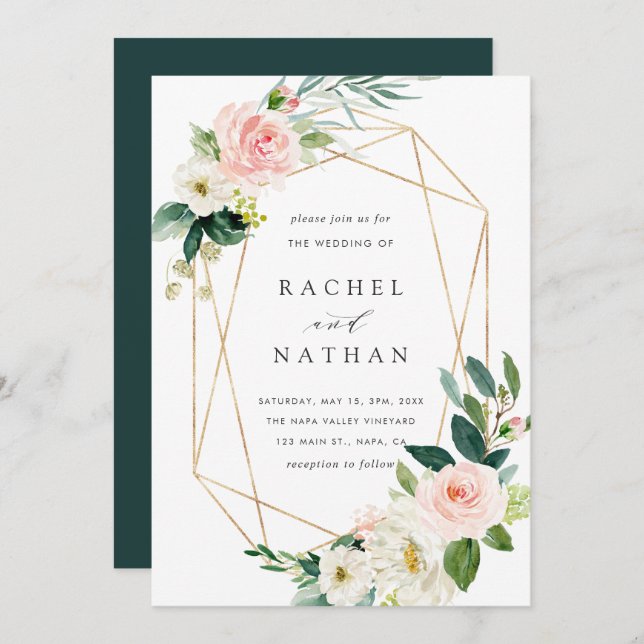 Blush White Bloom Gold Frame Wedding Invitation (Front/Back)
