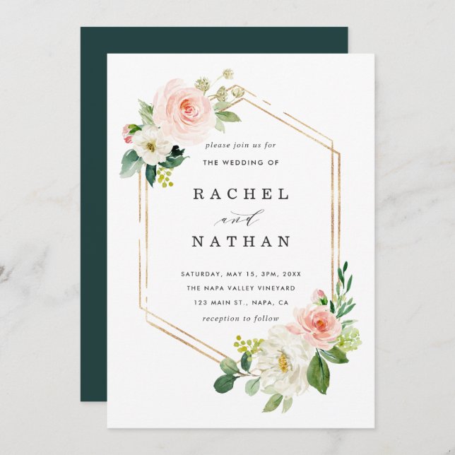 Blush White Bloom Gold Frame Wedding Invitation (Front/Back)
