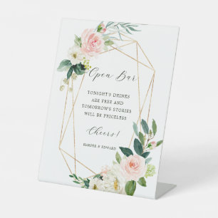 Blush White Bloom Gold Geometric Frame Open Bar Pedestal Sign
