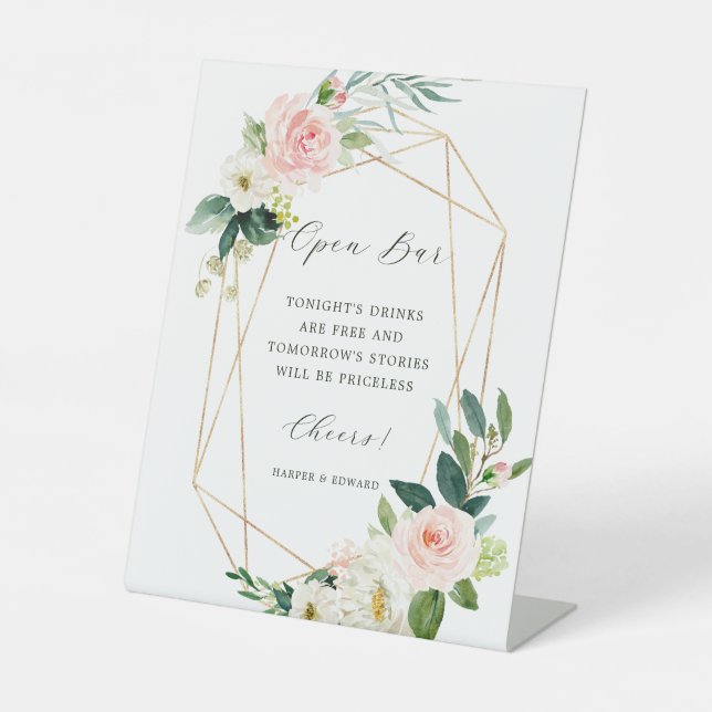 Blush White Bloom Gold Geometric Frame Open Bar Pedestal Sign (Front)