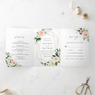 Blush White Bloom Gold Geometric Frame Wedding Tri-Fold Invitation