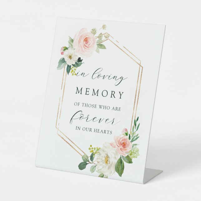 Blush White Bloom Gold Hexagon In Loving Memory Pedestal Sign (Front)