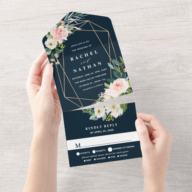 Blush White Bloom Navy Blue Gold Geometric Wedding All In One Invitation (Tearaway)