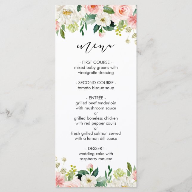 Blush White Bloom Watercolor Floral Wedding Menu (Front)