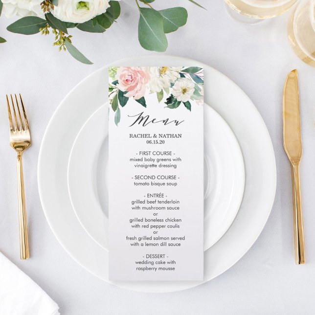 Blush White Bloom Watercolor Floral Wedding Menu (Creator Uploaded)