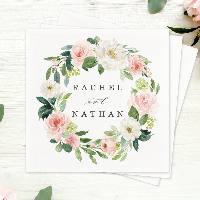 Blush White Bloom Watercolor Floral Wreath Wedding Napkin (Creator Uploaded)