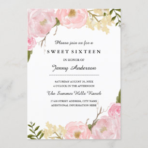 Blush White Botanical Floral Sweet Sixteen Invite