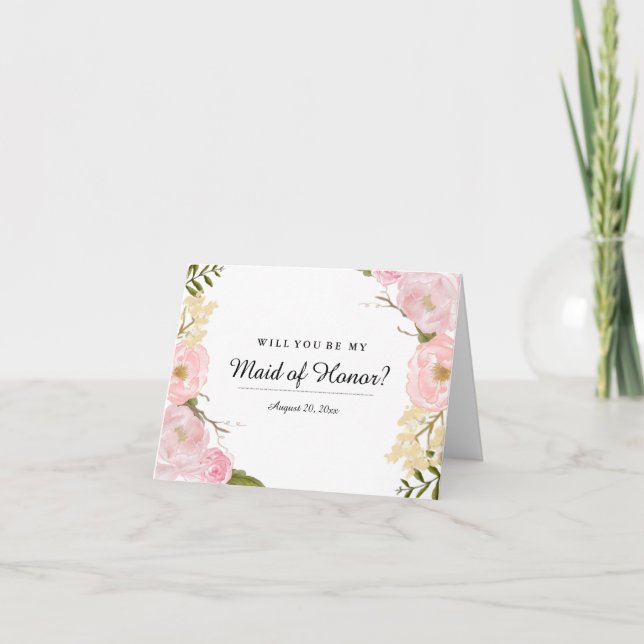 Blush White Botanical Will You Be My Maid of Invitation (Front)