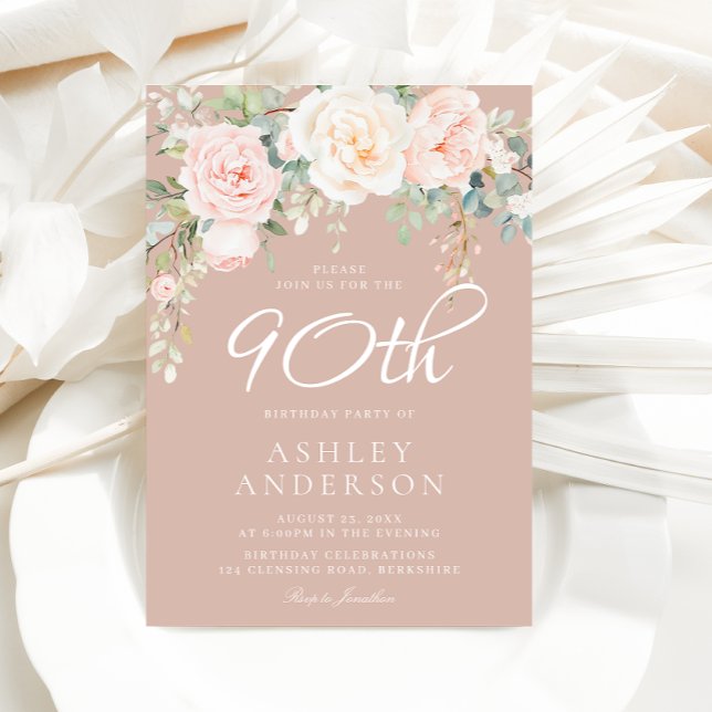 Blush & White Elegant Floral 90th Birthday Party Invitation (Creator Uploaded)