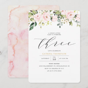 Blush White Floral & Eucalyptus Girl 3rd Birthday Invitation