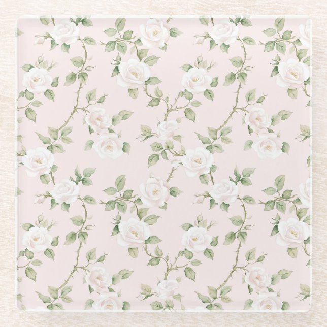 Blush White Floral   Glass Coaster (Front)